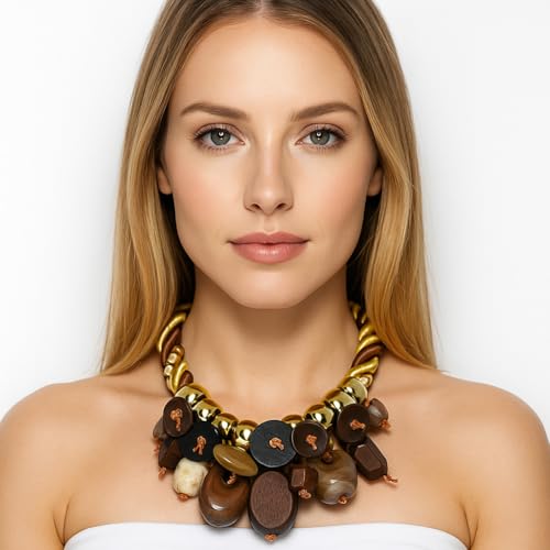 Chunky Statement Wood Pendant Necklace for Women Rope Braided Colorful Resin Stone Tribal Ethnic Bold Boho Fashion Jewelry - color: N1539-brown