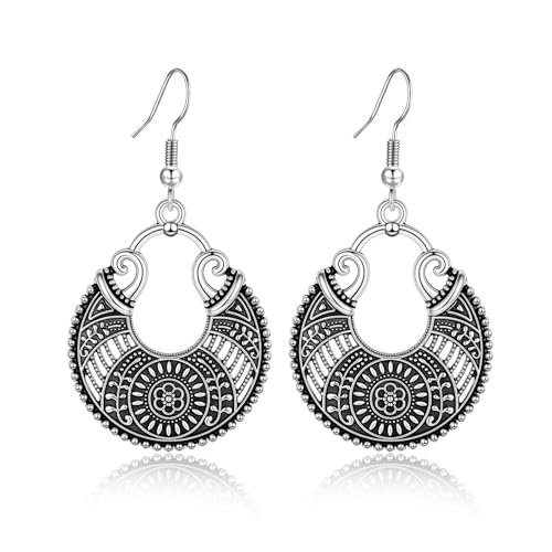 Silver Dangle Earrings For Women Trendy,Boho Cute Drop Western Earings,Vintage Gothic Ethnic Statement Beach Vacation Long Earrings with Leaf Teardrop Turquoise Crystal Tassels,Fashion Jewelry Birthday Gift. - color: A37) Vintage Engarved Loops Dangle