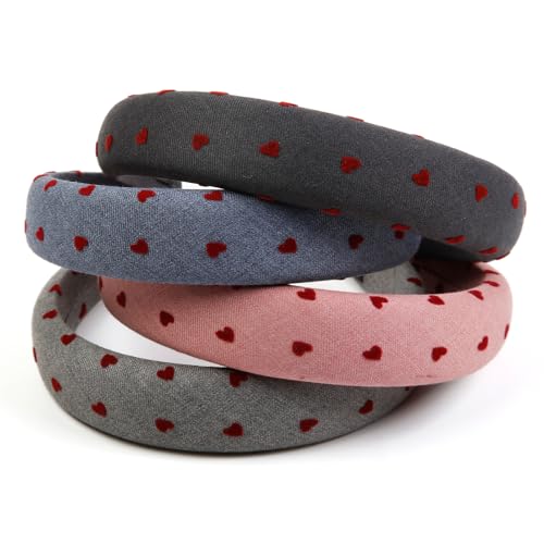 Huachi Valentine's Day Headbands for Women Non Slip Trendy, Heart Headbands for Women’s Hair 1 inch Wide Cute Headband for Girls, Head Bands Elastic Hair Bands Fashion Accessories for Women 4PCS - color: Heart Headband Set