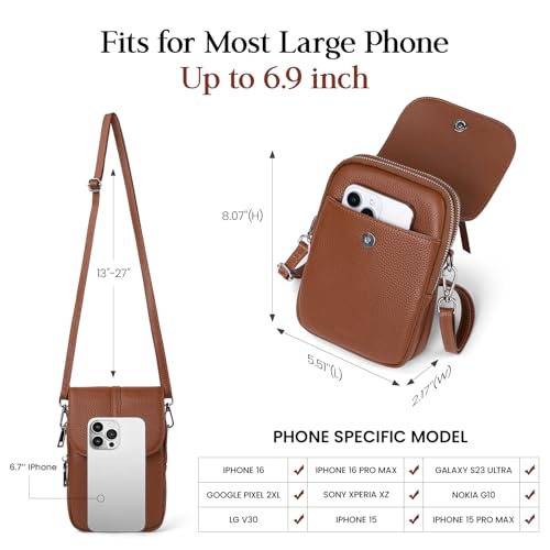 befen Genuine Leather Small Crossbody Bags for Women, Multi Pocket Cell Phone Crossbody Purse with RFID Blocking Card Slots - color: Cognac Brown
