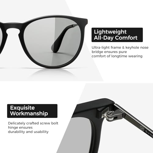 SUNGAIT Premium Vintage Round Sunglasses for Women Men Classic Retro Trendy Style - color: 17 Black Frame (Matte Finish)/Photochromic Lens