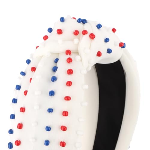 YISSION 4th of July Red White Blue Beaded Knotted Wide Headband for Adults - Patriotic Festival Hair Accessory for Independence Day Parades & Celebrations - color: Red,Blue,White