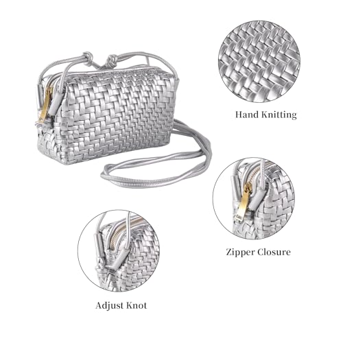 Woven Crossbody Bags for Women Handwoven Purses Vegan Leather Small Handbag Handmade Shoulderbag | Lightweight - color: Silver