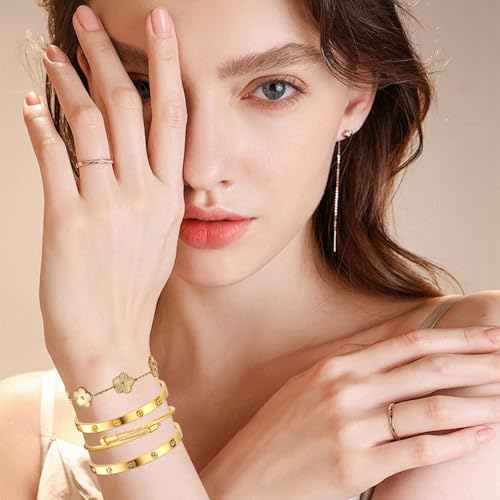 Womens Stackable Floral Gold Bracelets - 4Pcs 18K Gold Plated Bracelet,Stainless Steel Bangle Bracelets Non Tarnish, Gold Bracelet Set Trendy Jewelry,Christmas Valentines Birthday Gifts for Girlfriend - color: Bracelets Stack 4Sets (Floral Gold Bracelets,