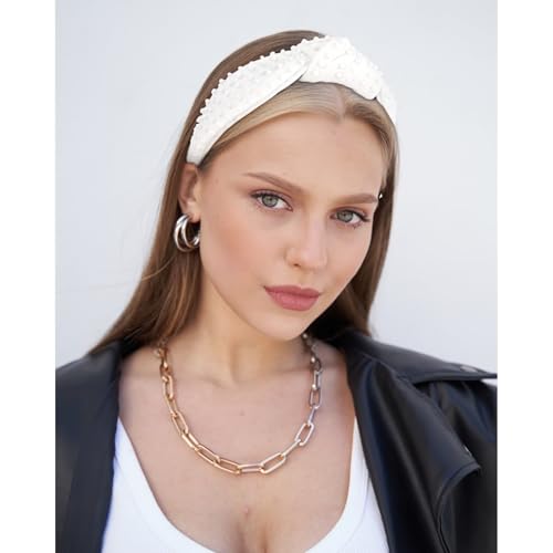 YISSION White Knotted Headband for Women - Wide Pearl Embellished Hair Hoop, Stylish Hair Accessory for Daily Wear, Weddings & Casual Outfits - color: Pure White