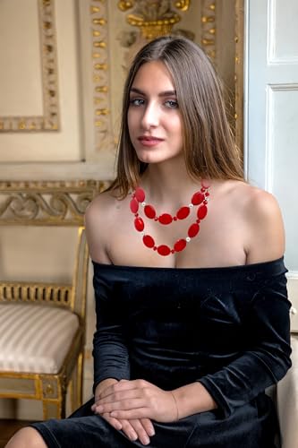 2 Layered Chunky Beaded Shell Necklace for Women Sea Shell blue/yellow/red/green/turquoise/teal/white Statement Necklace and Earring Set Elegant Women Necklace Set Jewelry Sets for Women - color: Red