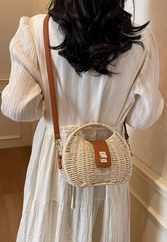 Handmade Straw Woven Bag Beach Clutch Purses Women Vacation Shell Shoulder Crossbody Summer Dumpling Handbag Basket Tote - color: B-beige