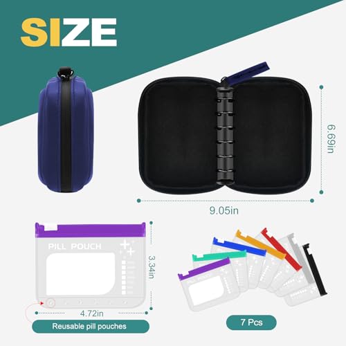 Timueetech A7 Waterproof Pill Organizer with 7 PCS L Size Zippered Pill Pouches for A7 Binder, Large BPA-Free Weekly Medicine Organizer, Color-Coded Reusable Travel Pill Storage System - color: Navy Blue