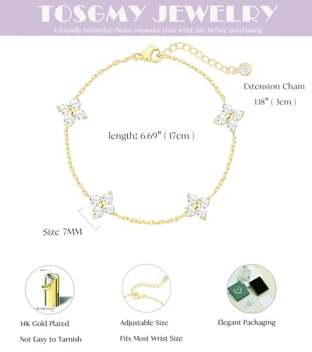 Dainty Silver Gold Bracelets for Women Trendy Non Tarnish 14K Gold Plated Cute Clover Bracelet Stackable Daisy Cubic Zirconia Diamond Charm Bracelet Stack Waterproof Jewelry Gifts - color: A- Clover Bracelet- Gold