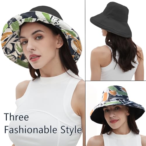 vidsel Womens Sun Hats Wide Brim Reversible Bucket Cotton Hat Packable Summer Travel Cap with Hat Clip,UV Protection - color: Black2, size: Medium