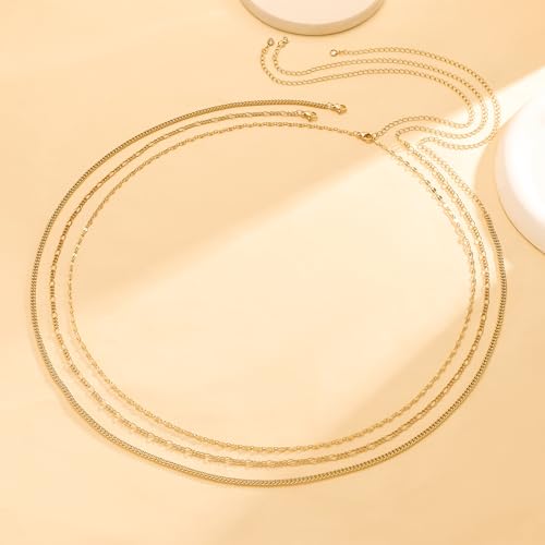 CHESKY 14K Gold Plated Silver Plated Waist Chain for Women, Layered Belly Belt Chains Beach Waist Beads Chain Waterproof Snake Cuban Body Chain Summer Jewelry Accessories for Women - style: 3layer-gd