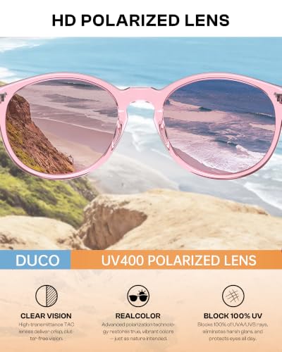 DUCO Women's Trendy Retro Round Acetate Polarized Sunglasses, UV400 99% Glare Block, Lightweight for Daily & Outdoor - color: 7. Pink Frame Purple Lens