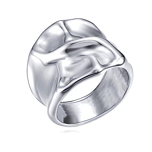 Gold Silver Rings Set for Women Chunky Statement Rings ZC Dome Evil Eye Croissant ring Thick 18K Gold Plated Band Rings - color: silver chunky, size: 7