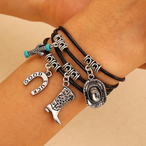 Western Outfit for Women Bohemian Vintage Stackable Turquoise Bracelet Rustic Beaded Cow Head Charm Stretch Bracelet Western Jewelry Country Concert Outfits for Women - style: Style5