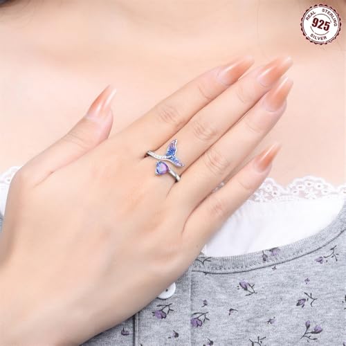 PARCOM Adjustable Women Stackable Ring, 925 Sterling Silver Open Rings - Trendy Eternity Cubic Zirconia Stackable Band Engagement Promise Ring for Her, Hypoallergenic Non Tarnish Nature Bird Floral Thumb Rings - color: Mermaid Princess