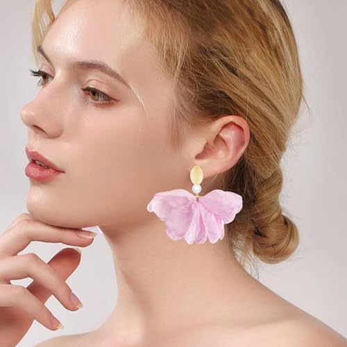 Handmade Fabric Flower Petal Fringe Dangle Drop Earrings Bohemian Floral Tassel Stud Earrings For Women - color: Light Pink