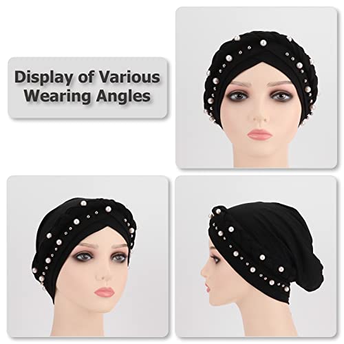 African Women Turban Caps Pre-Tied Twisted Turbans Head Scarf for Women Hair Wraps Cover Beanie Cancer Chemo Headwear - color: 1 Pack Twisted Braid A: With Pearls Black