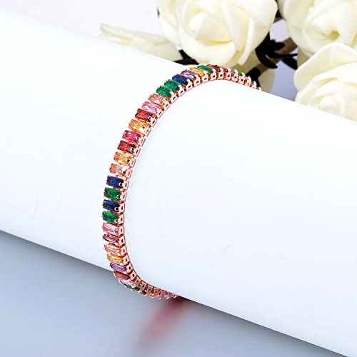 CiNily Adjustable Tennis Bracelets for Women Teen Girls Rainbow Cubic Zirconia Bracelet 14K White Gold Plated Hypoallergenic Slider Bracelet Jewelry Gift - color: Adjustable-Square Rose Gold