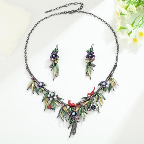 Vintage Chunky Statement Jewelry Set Retro Leaf Floral Geometric Bohemian Boho Bib Necklace Earring Set Fashion Costume Jewelry for Women Girls Wedding Party Prom Unique Gift - style: purple flower green leaf red bird JS