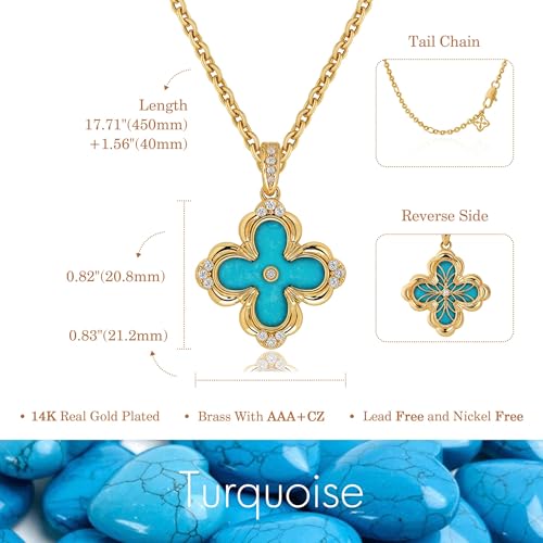 Fettero Dainty Gold Necklace for Women - Double Sided Pendant Necklace 14K Gold Plated Charm Clover Necklace Jewelry for Valentine's Day - color: Turquoise blue