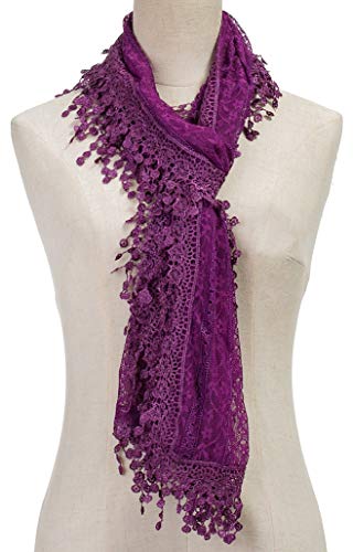 Cindy & Wendy Lightweight Soft Leaf Lace Fringe Scarf Bridal Shawl for Women - color: Purple-2