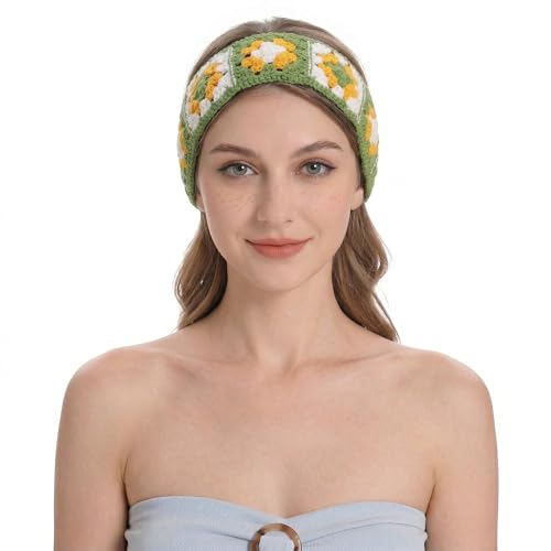 ZLYC Women Floral Headband Handmade Crochet Knit Vintage Hair Bands (Floral Green) - color: Floral Green