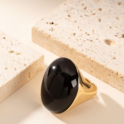 Kokoma Geometric Oval Statement Ring for Women Minimalist Open Adjustable Ring Gold Plated Bold Dome Cocktail Rings Promise Anniversary Band Jewelry - color: Black