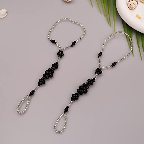 Bohemian Handmade Shell Starfish Barefoot Sandals 2pcs Beach Wedding Foot Chain with Toe Ring for Bride Turquoise Crystal Pearl Beaded Anklet Accessory (Black pearl)