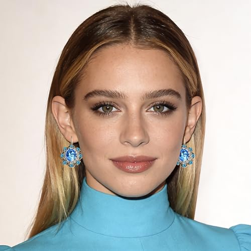 Handmade Bohemian Vintage Gold Sparkly Crystal Round Flower Leverback Earrings Cute Rhinestone Geometry Dangle Drop Earring for Women - color: Sky Blue