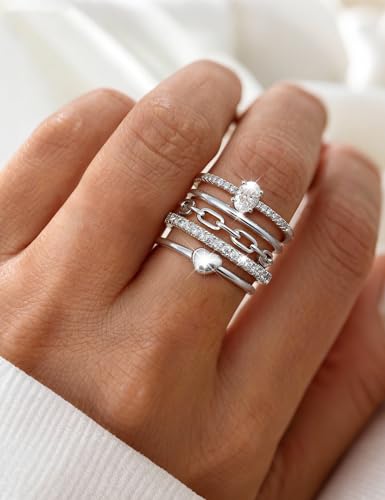 FIASASO Gold Rings for Women Non Tarnish - 5Pcs Dainty Stackable Rings 14K Gold Plated Cubic Zirconia Stacking Rings Non Tarnish Waterproof Minimalist Thin Stack Ring Size 5 6 7 8 9 10 - color: Silver