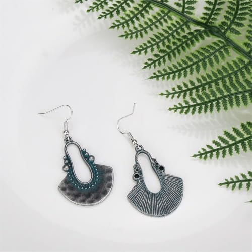 Boho Antique Carved Flower Dangle Drop Earrings for Women Vintage Retro Handmade Hollowed Antiqued Bronze Floral Shaped Geometric Gold Silver Plated Hoop Earrings for Ethnic Style Jewelry Gifts - color: Antique Silver