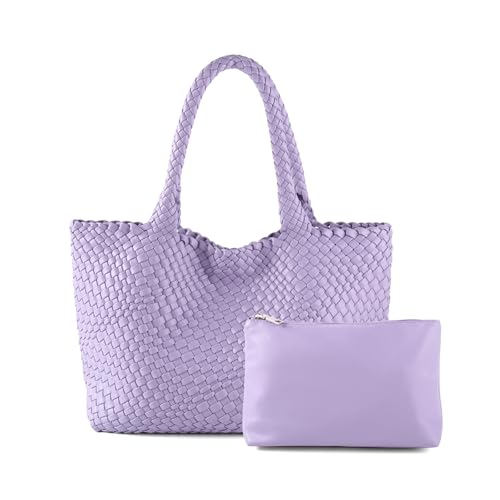 Woven Tote Bag Womens Purse Vegan Leather Shoulder Handbags Fashion Summer Beach Tote Bags Large Travel Totes - color: Purple