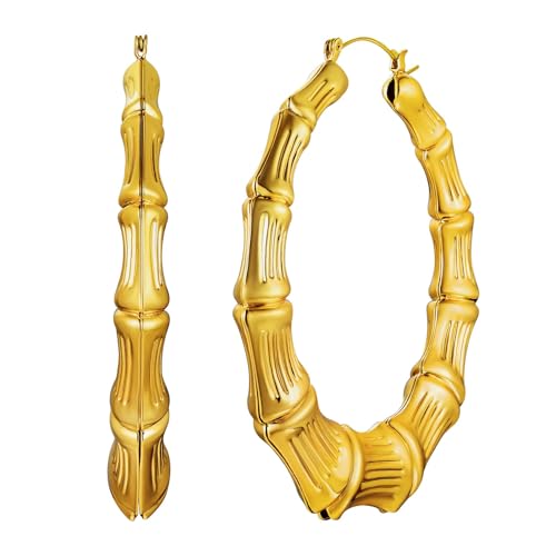 U7 Bamboo Earrings for Women 18K Gold Plated/Stainless Steel/Personalized Black Statement Extra Large Hoop Earrings 80s 90s Custom Name Huggie Earrings for Party Fashion Jewlery - color: 01.Gold, size: 70 MM