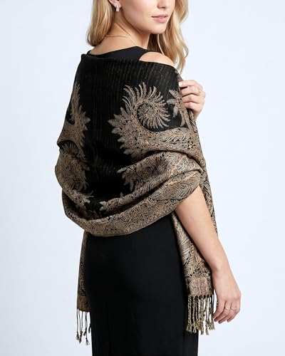 Achillea Reversible Paisley Pashmina Rave Scarf – Exotic Indian Shawls and Wraps for Evening Dresses, Festivals, All Seasons - color: Big Paisley Black