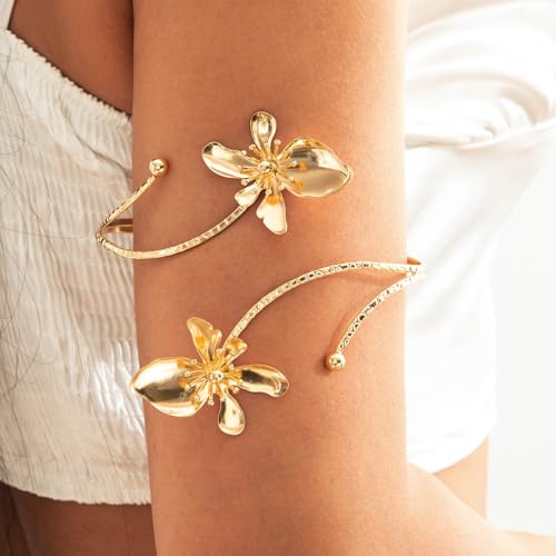 Flower Arm Cuff Bracelets for Women Adjustable Gold Upper ArmBand Jewelry Boho Floral Open Wrap Statement Bangle Bracelet Arm Cuff Jewelry Gifts for Women - color: Gold