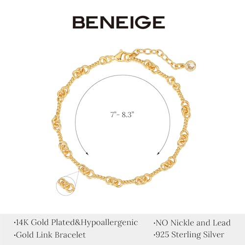 BENEIGE Women Bracelet 14K Gold Plated Paperclip Satellite Bead Ball Oval Cuba Cable Box Chain Daily Charm Layered Link Silver Bracelets Adjustable Jewelry - style: Link Pigtail