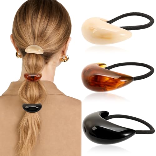 3PCS Hair Ties, Acrylic Hair Ties for Thick Hair, Elegant Durable Geometric Design Hair Cuffs, Hair Accessories Stretchy and Non-Damage Ponytail Holders 3 Style Holiday Gifts Marble Color - color: Acrylic Set