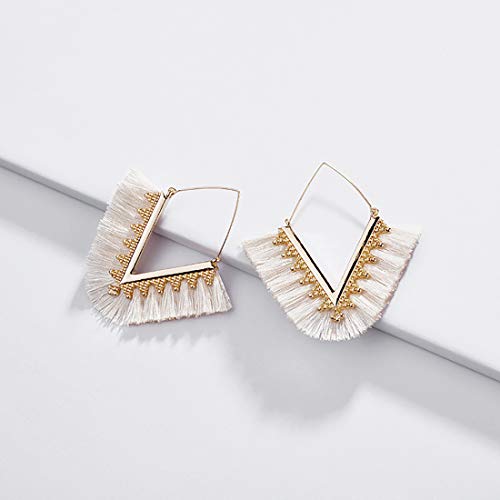 Tassel Hoop Earring Statement Thread Dangle Earrings Stylish Long Fringe Drop Earrings Lightweight Long Swingy French Hook Earrings for Women - color: A White