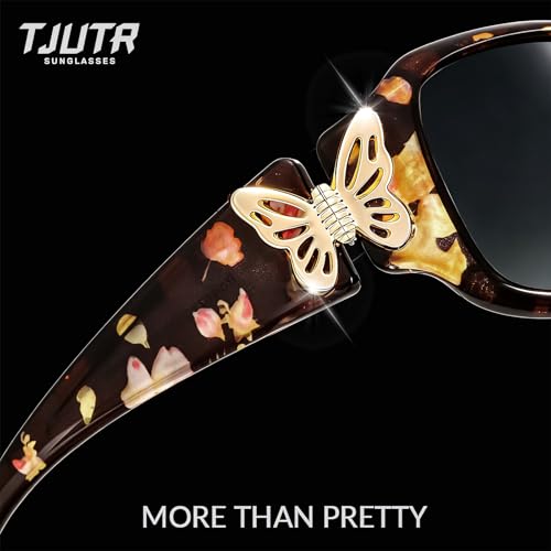 TJUTR Polarized Sunglasses for Women with Wrap Around Butterfly Design, Trendy Jackie-O Style for UV400 Protection - color: A74 Brown Floral Frame Grey Lenses