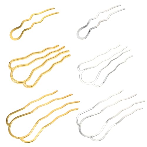 FOMIYES 6Pcs U-Shaped Iron Art Hair Pins with Wave Design Retro Chignon Hair Forks for Women and Large and Medium Four-Prong Plus Small Double-Prong Set Suitable for Styling Random Color