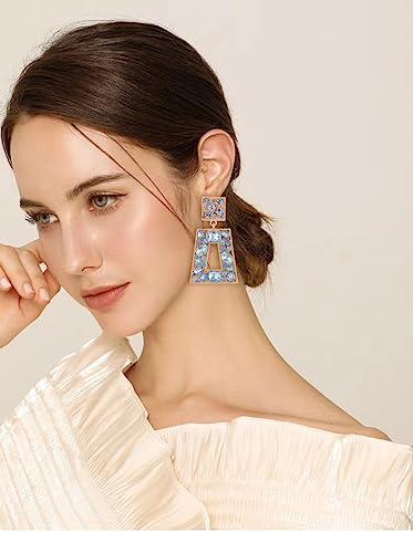 Rhinestone Rectangle Statement Earrings Colorful Crystal Geometric Drop Dangle Earrings for Women Prom Party - color: Light Blue