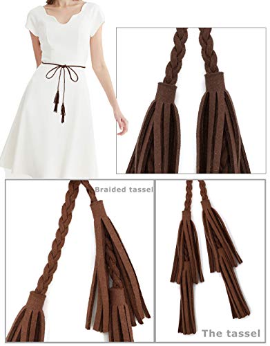TeeYee Women Girls Multi Colors Braided Waist Tie Belt/Rope/Chain with Tassel Fringe Wrap Cloth Belts for Ladies Dress Pants - color: Coffee