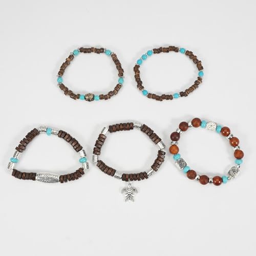 COLORFUL BLING Boho Turquoise Wooden Beaded Stretch Bracelets Stackable Turtle Butterfly Elephant Shell Heart Charms Bracelet for Women Men Western Jewelry Gifts - style: Set 2