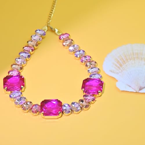 Fashionable Chunky Plated Tennis Rhinestone Statement Necklace Jewelry Set for Women Multicolor gem necklace with Great Sparkle and Shine Design for Women to Easy Match - color: fuchsia red big rhinestone