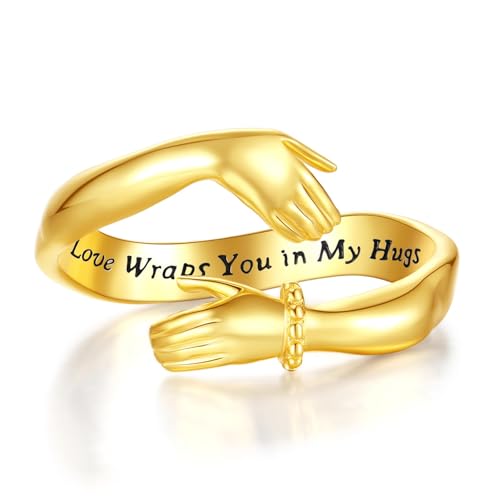 Vito 925 Sterling Silver Adjustable Open Spoon Ring for Women Men, Lotus Sunflower Snake Spoon Band Rings Feather Hug Witches Knot Inspirational Jewelry Gift for Wife - style: hug ring-golden