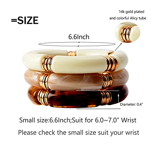 GOOJIDS Simple Beaded Gold Plated Bangles Bracelet Chunky Bamboo Tube Curved Stacking Clear Acrylic Colorful Beads Stretchable Gold Plated Bracelets Set For Women - color: S-Small size Brown 3PCS Set