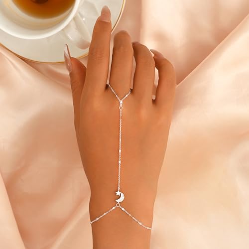 925 Sterling Silver Hand Chain Bracelet for Women,Non Tarnish 14k Gold Plated CZ Crystal Heart Starburst Ring Bracelets Hand Chain Dainty Diamond Layered Stackable Link Chain Beach Waterproof Graduation Wedding Gifts - color: SilverE