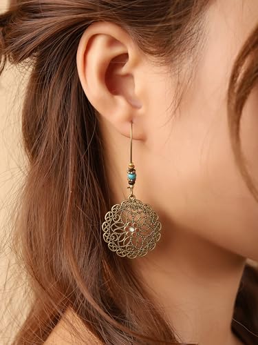 MINACHI Boho Antique Gold Tone Floral Mandala Drop Earrings with Turquoise Beads, Vintage Hippie Tribal Festival Western Jewelry Gift for Women