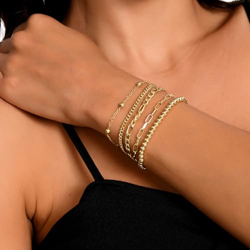 Dainty Gold Bracelets for Women, 14K Gold Plated Stackable Bracelet Set, Adjustable Beaded Cuban Paperclip Herringbone Figaro Snake Rope Chain Jewelry - style: Set5 Gold 5Pcs