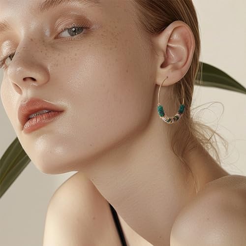 Natural Stone Beaded Hoop Earrings for Women, Boho Handmade Lightweight Hypoallergenic Trendy Summer Beach Accessories Fashion Jewelry Gift - color: Green